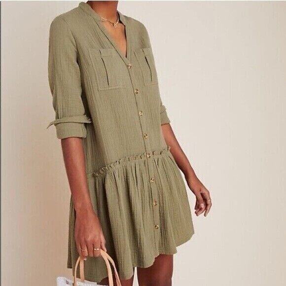 Anthropologie Maeve Katie Textured Utility Tunic Dress Size 0 Moss Green Pockets - Picture 1 of 9